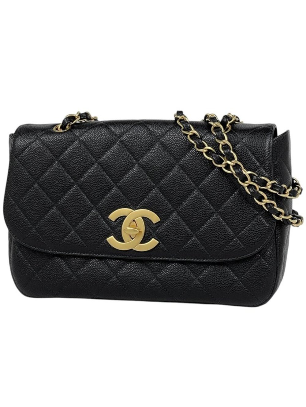 Chanel Shoulder Bag CC Logo Quilted Chain Caviar Leather Black